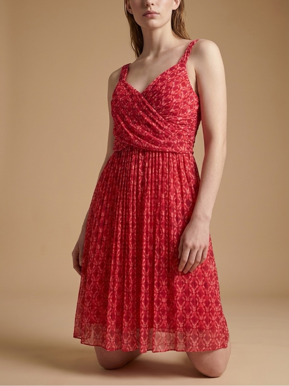 Chadwick's Red Printed V-Neck Sleeveless Dress